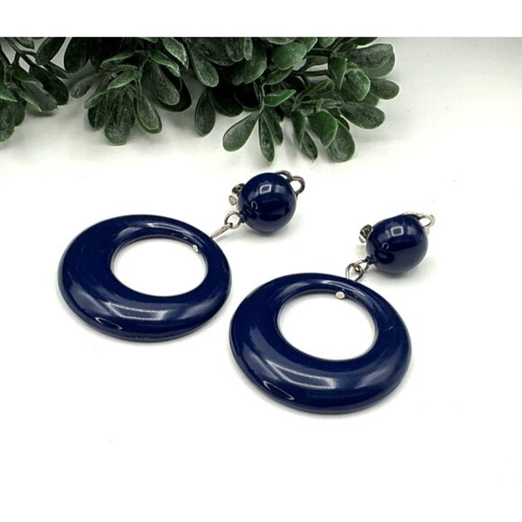 Vintage Style Navy Blue Resin Hoop Clip-On Earrings - Picture 1 of 3